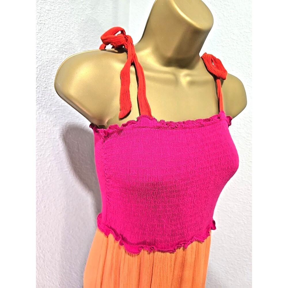 Stretch Smocked Milkmaid Midi Sun Dress S Tiered Orange Resort Vacay Boho Cruise